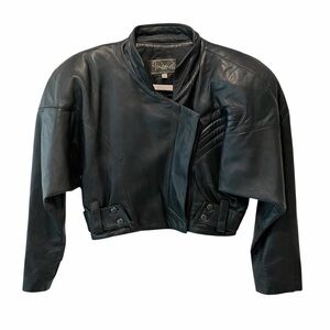 Vintage 1970s 1980s Black Lamb Leather Cropped Moto Biker Jacket Petite
